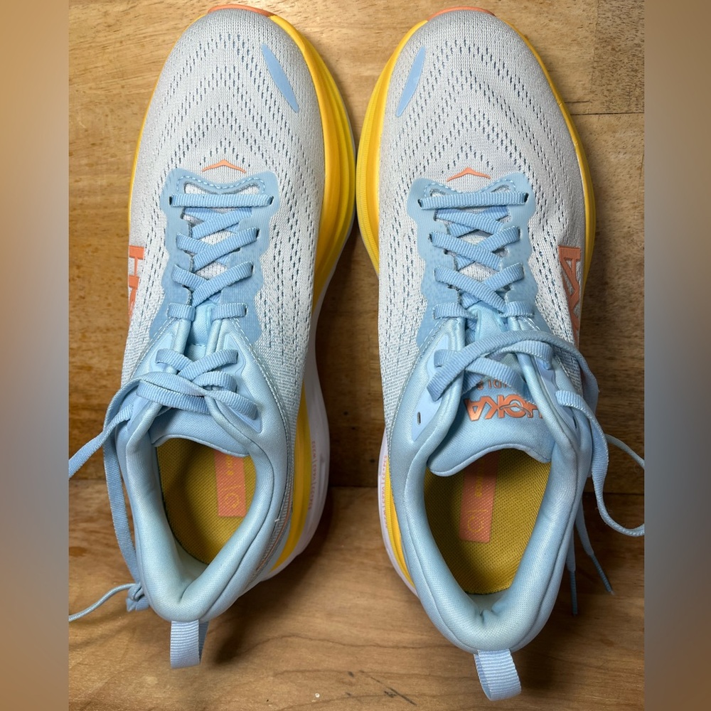 Hoka One One Bondi 8 REFLECTIVE Womens Sz 10 Running Shoes Sneakers Blue Yellow - Picture 7 of 12